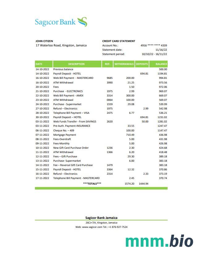 Szablon wyciągu bankowego Jamaica Sagicor, format Word i PDF